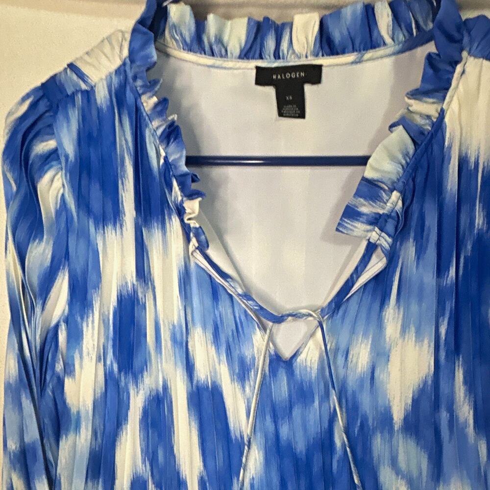 Halogen Blue/White Abstract V-Neck Puff Sleeve Midi Shift Dress Women's XS